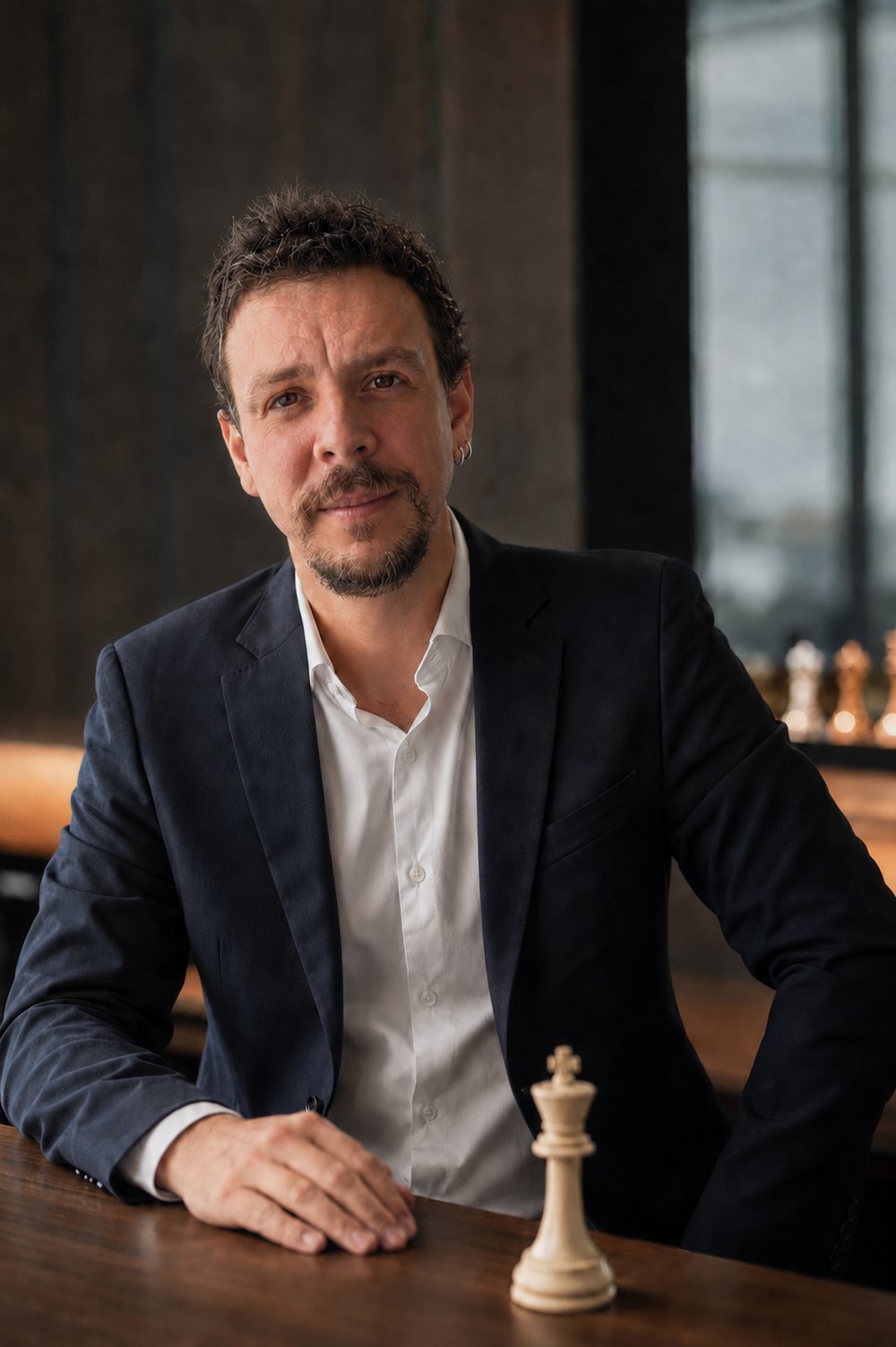 João Guilherme Magalhães, advogado, sentado à mesa ao lado de uma peça de xadrez